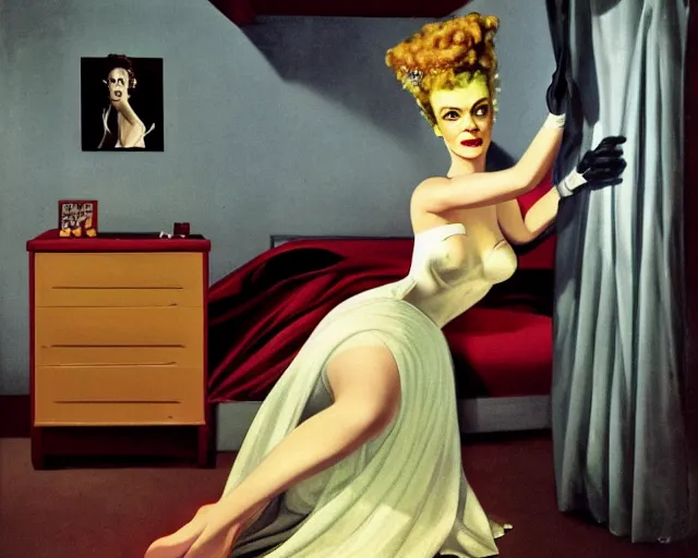 Image similar to phtorealistic modern pin up of the bride of frankenstein posing in a bed in the room of a sanatarium, full body, campy color scheme, realistic, center, smooth, golden ratio, detailed, gil elvgren, earl moran, joyce ballantyne