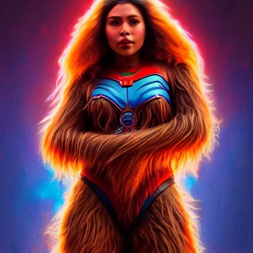 Image similar to beautiful female chewbacca as darna, volumetric lights, red and cyan theme, art nouveau botanicals, intricate, highly detailed, digital painting, artstation, concept art, smooth, sharp focus, cinematic, illustration, beautiful face, art by artgerm and greg rutkowski and alphonse mucha