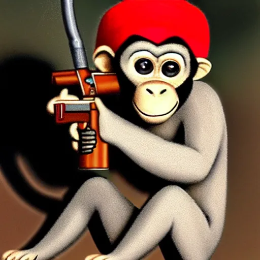 Image similar to Abu the monkey wearing a fez shooting a gun