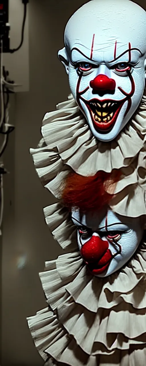 Image similar to a photograph of pennywise dressed as a doctor in a hospital, hyperdetailed, intricate, dramatic, horror movie, movie still, 4 k realistic, volumetric lighting, sharp focus