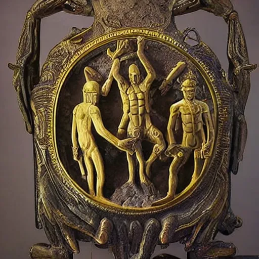 Image similar to ancient alien artifact guarded by men with guns, highly detailed, ornate, alien technology