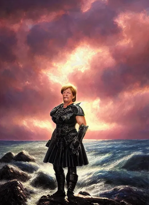 Image similar to Angela Merkel wearing black Armor, epic portrait of a very strong muscled Amazon heroine, sun beams across sky, pink golden hour, stormy coast, intricate, elegance, highly detailed, shallow depth of field, epic vista, Ralph Horsley, Daniel F. Gerhartz, Artgerm, Boris Villajo, Lilia Alvarado