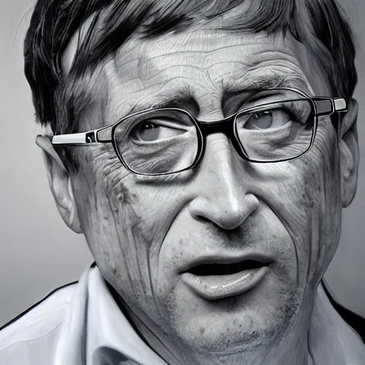 Prompt: an oilpainting of in the foreground a syringe in focus, in the background slightly out of focus a terrified Bill Gates, trending on artstation, hyper realistic