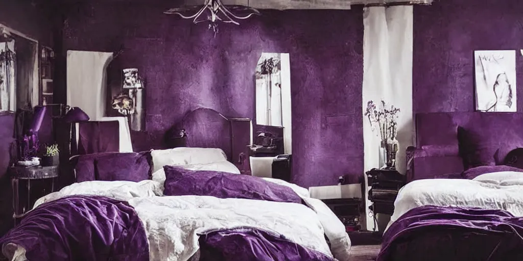 Image similar to night time, moody dark, dark purple leather dungeon bedroom