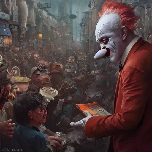 Prompt: a vicious clown with a detailed face at a crowded urban street making an offer you cant refuse, fantasy oil, greg rutkowski, higly detailed, 4 k