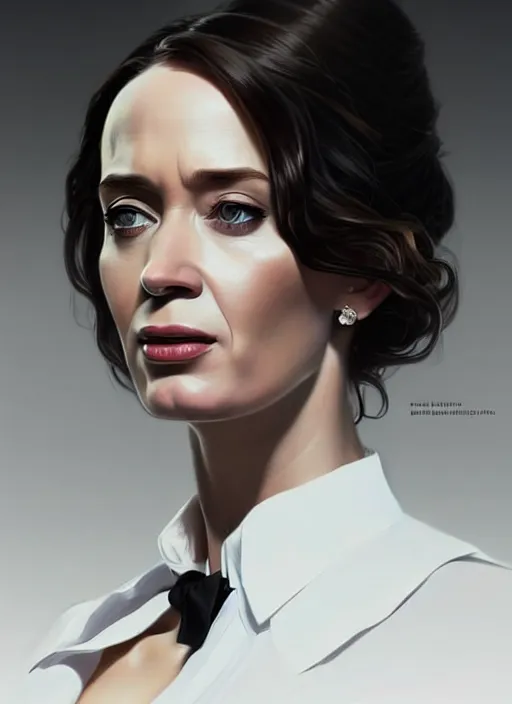 Image similar to portrait of emily blunt as business woman, black suit, white shirt, black tie, intricate, headshot, highly detailed, digital painting, artstation, concept art, sharp focus, cinematic lighting, illustration, art by artgerm and greg rutkowski, alphonse mucha, cgsociety