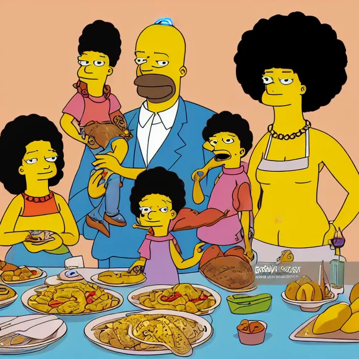 Image similar to African American family in 1979 with two daughters and a son eating chicken, mash potatoes, and rolls for dinner. Cartoon version Simpsons style