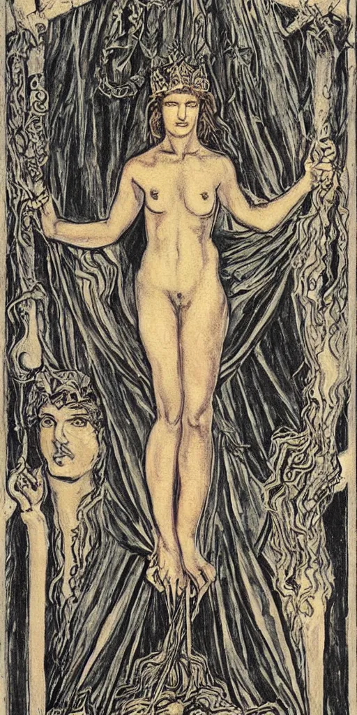 Image similar to the queen of wands tarot card by austin osman spare