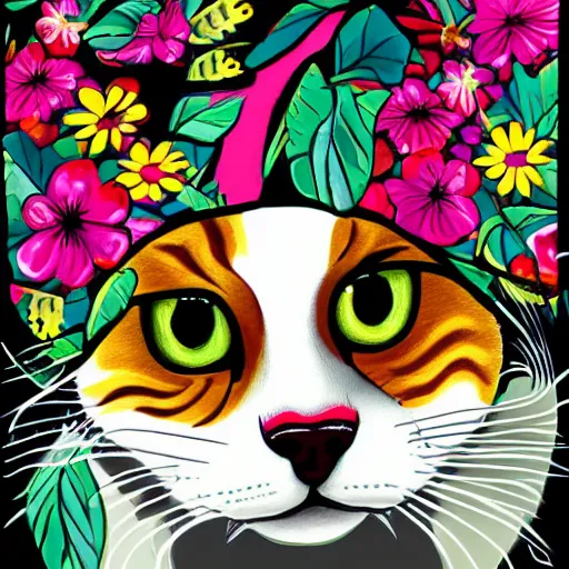 Prompt: beagle cat with a hat, beagle ears, cat eyes, beagle nose, cat whiskers, floral background, head shot, studio, 38mm