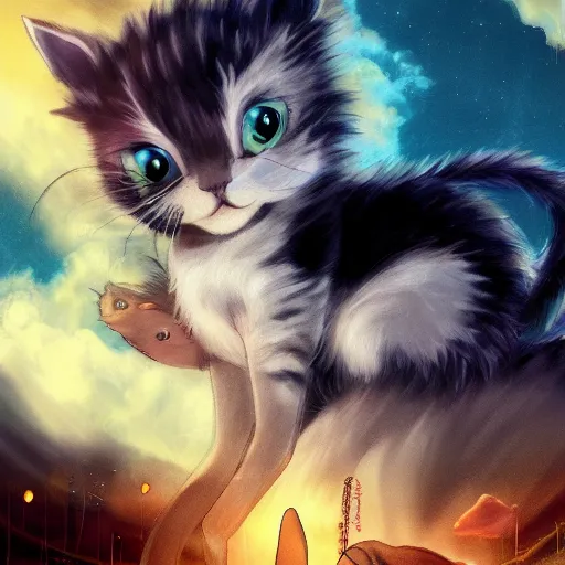 Image similar to anime portrait of kitten with eternal abyss backdrop, wide shot, trending on artstation, dramatic, studio ghibli, poster