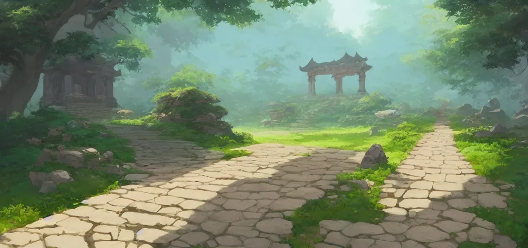 Image similar to concept art by sylvain sarrailh of an stone path leading to an abandonned asian temple, asiatic forest, studio ghibli