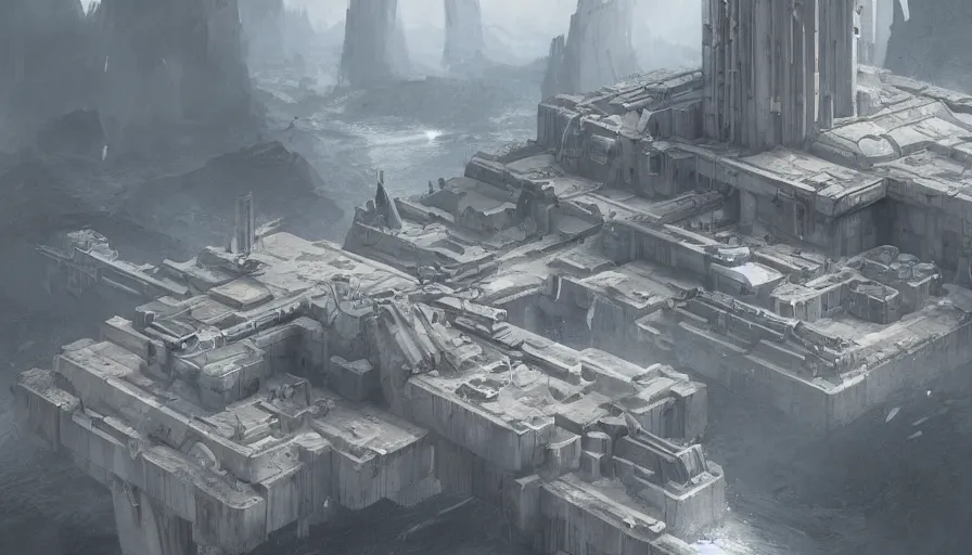 Image similar to imperial base, island, very long shot, up shot, by james gurney, greg rutkowski, drawing architecture, brutalist, highly detailed digital art, artstation, greig fraser