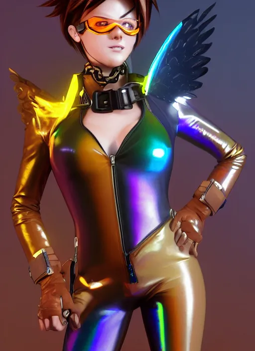 Image similar to portrait bust digital artwork of tracer overwatch, wearing iridescent rainbow latex and leather straps catsuit outfit, 4 k, expressive happy face, makeup, in style of mark arian, angel wings, wearing detailed leather collar, chains, black leather harness, detailed face and eyes,