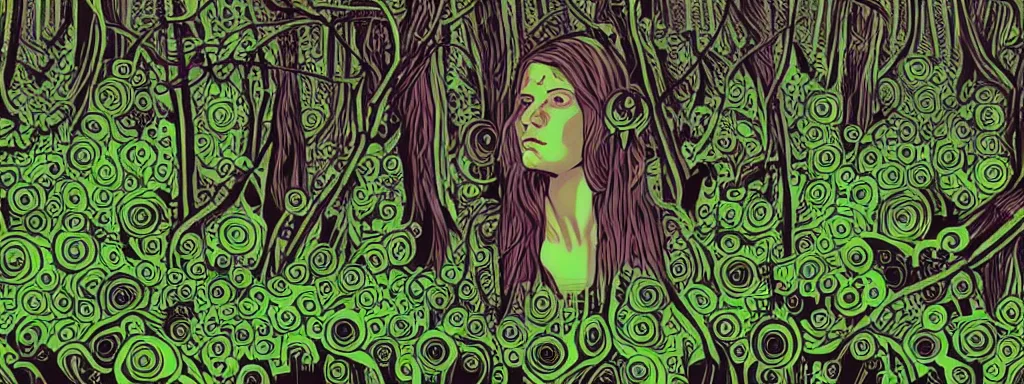 Image similar to a grunge technogaianist long-haired blonde digital musician playing modular synthesizer in the forest, technology and nature swirling in harmony, plugging vines into the synthesizer, trees swaying to the beat, postmodern surrealist concert poster, grainy poster art, hand drawn matte painting by Tara McPherson and Gary Houston, smooth, sharp focus, extremely detailed, 50mm.