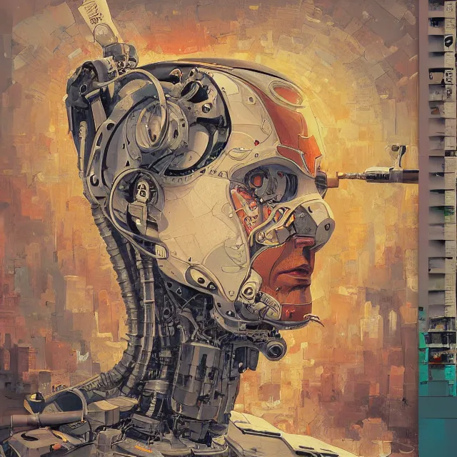 Image similar to robot artist painting a self - portrait on a canvas. intricate, highly detailed, digital matte painting, in the style of alexandros pyromallis, and in the style of sachin teng, and in the style of hans thoma, and in the style of phil jimenez. irony, recursion, inspiration.