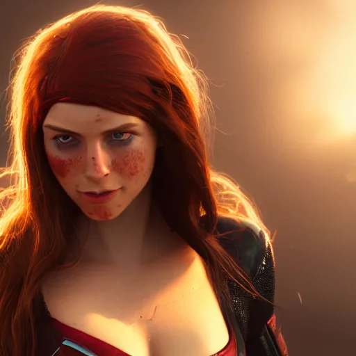 Image similar to a very beautiful 3d scarlet witch, long hair, hazel eyes, cute freckles, full round face, short smile, golden hour, post apocalyptic setting, medium shot, mid-shot, highly detailed, trending on Artstation, Unreal Engine 4k