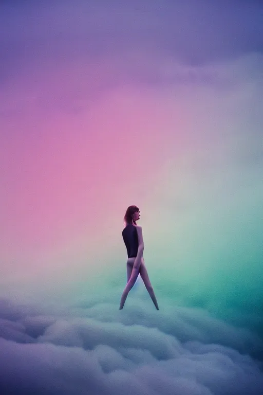 Image similar to high quality pastel coloured film close up wide angle photograph of a model wearing clothing swimming on cloud furniture in a icelandic black rock!! environment in a partially haze filled dreamstate world. three point light, rainbow. photographic production. art directed. pastel colours. volumetric clouds. pastel gradient overlay. waves glitch artefacts. extreme facial clarity. 8 k. filmic.