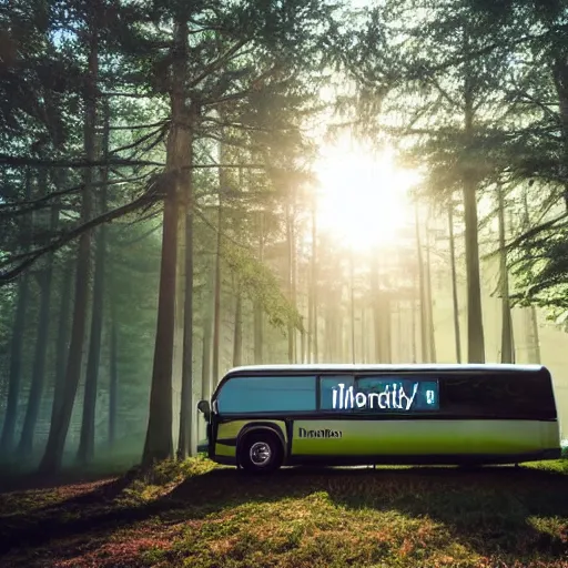 Image similar to very creative livery on big commercial bus in misty forest scene, the sun shining through the trees