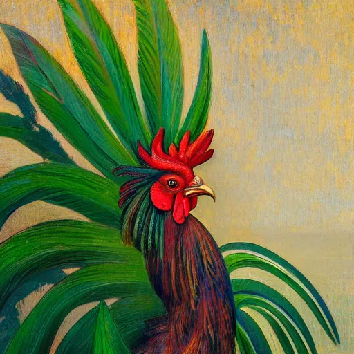 Image similar to a ultradetailed beautiful painting of a rooster in the amazonas palace balustrade designed by jules bastien - lepage, hans belmer, frank weston and gustave baumann, beach, trending on artstation, mediterranean, palm trees, refracted color sparkles, sharp focus, soft light, 8 k 4 k