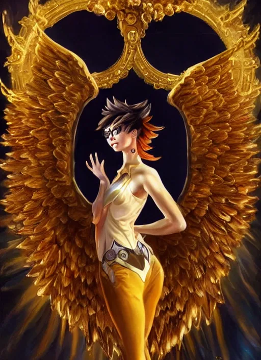 Prompt: full body oil painting of tracer overwatch in the style of delphin enjolras, angel wings, angelic golden armor, dramatic painting, symmetrical composition, ornate, golden chains, high detail, gold detailed collar!!!!!, blooming, angelic, lights, flowers, heavenly, bright, detailed face,