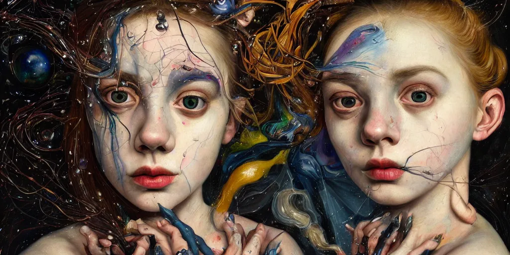 Prompt: highly detailed beautiful masterpiece portrait of a girl with eyes as big as space, neural avantgarde sinister realm, intense dark magical detailed maximalist feminine unheimlich vibe, in the style of caravaggio, hernan bas, borremans, petra cortright, esao andrews, jenny saville, surrealism, deep rich colors, dark art by james jean, takato