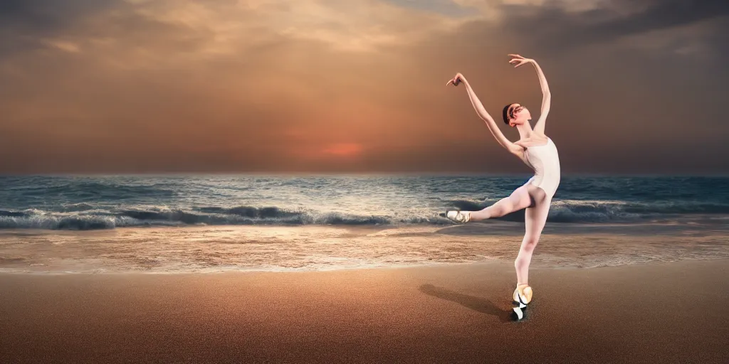 Image similar to a beautiful ballet dancer on a beach at sunrise, cinematic angle, studio Ghibli, volumetric lighting, breathtaking, beautiful composition, intricate, elegant, digital art, detailed, oil painting, hyperrealistic, sharp focus, 8k