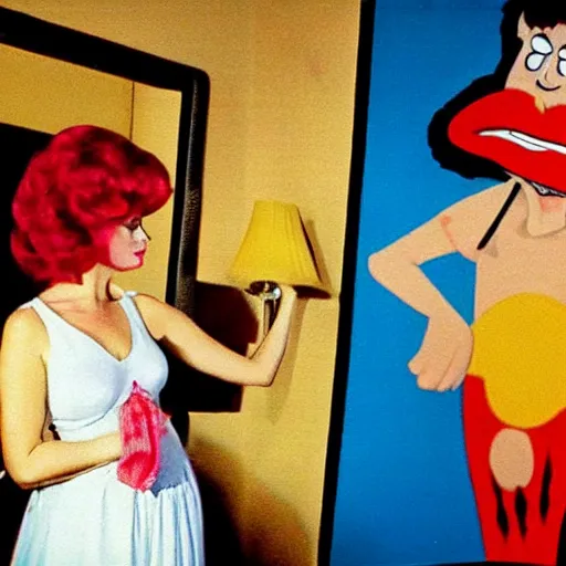 Image similar to bored housewife meets a man with an inflatable cartoon face in a seedy motel room, 1982 color Fellini film, ugly motel room with bad art on the dirty walls, archival footage, technicolor film, 16mm, live action, John Waters, wacky children's tv campy comedy