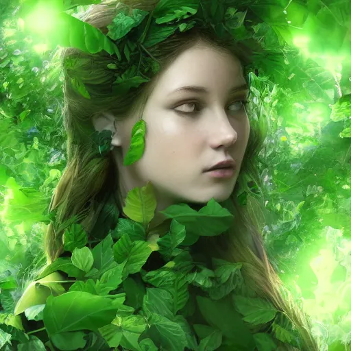 Image similar to a highly detailed digital rendering of a young woman surrounded and engulfed in green leaves, artstation, detailed woman, stunning volumetric lighting, elegant, fantasy, 4k