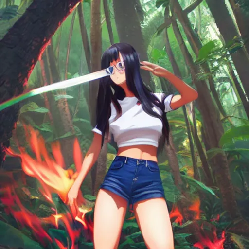 Prompt: nagatoro using white and red tight raglan sleeves, tight blue jeans and cool shoes in a tropical forest, epic fire ombre hair, artstation, 3 d ray tracing, lumen octane render flawless masterpiece