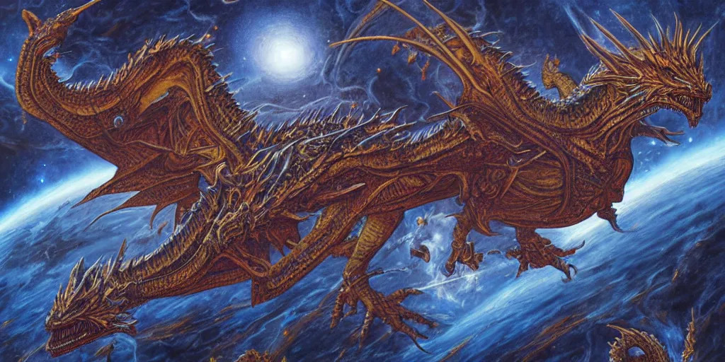 Image similar to an alien dragon flying through outer space by dan seagrave art