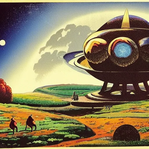 Image similar to ottoman style domed spaceship, lush pastoral woodland scene, pulp science fiction illustration