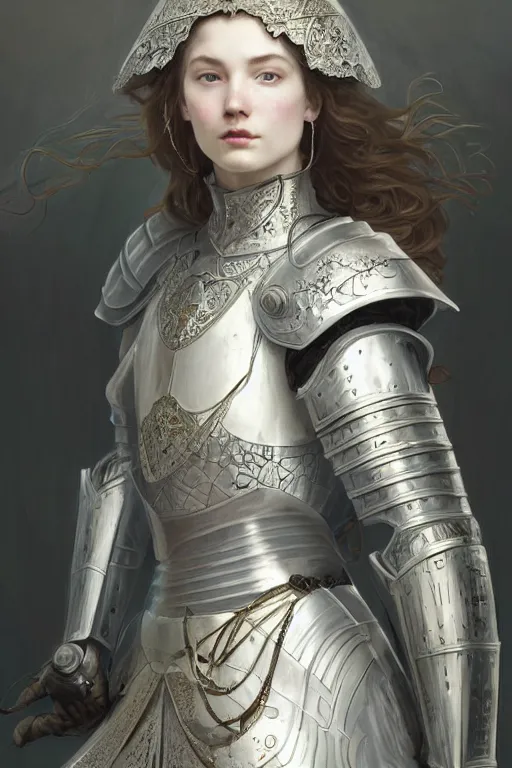 Image similar to beautiful and victorian and holy and divine and elite young medieval female white armor knight portrait +shinny eyes+front face with light flowing hair, ultradetail face, art and illustration by tian zi and craig mullins and WLOP and alphonse mucha, fantasy, intricate complexity, human structure, human anatomy, fantasy character concept, watermark, blurry, hyperrealism 8k