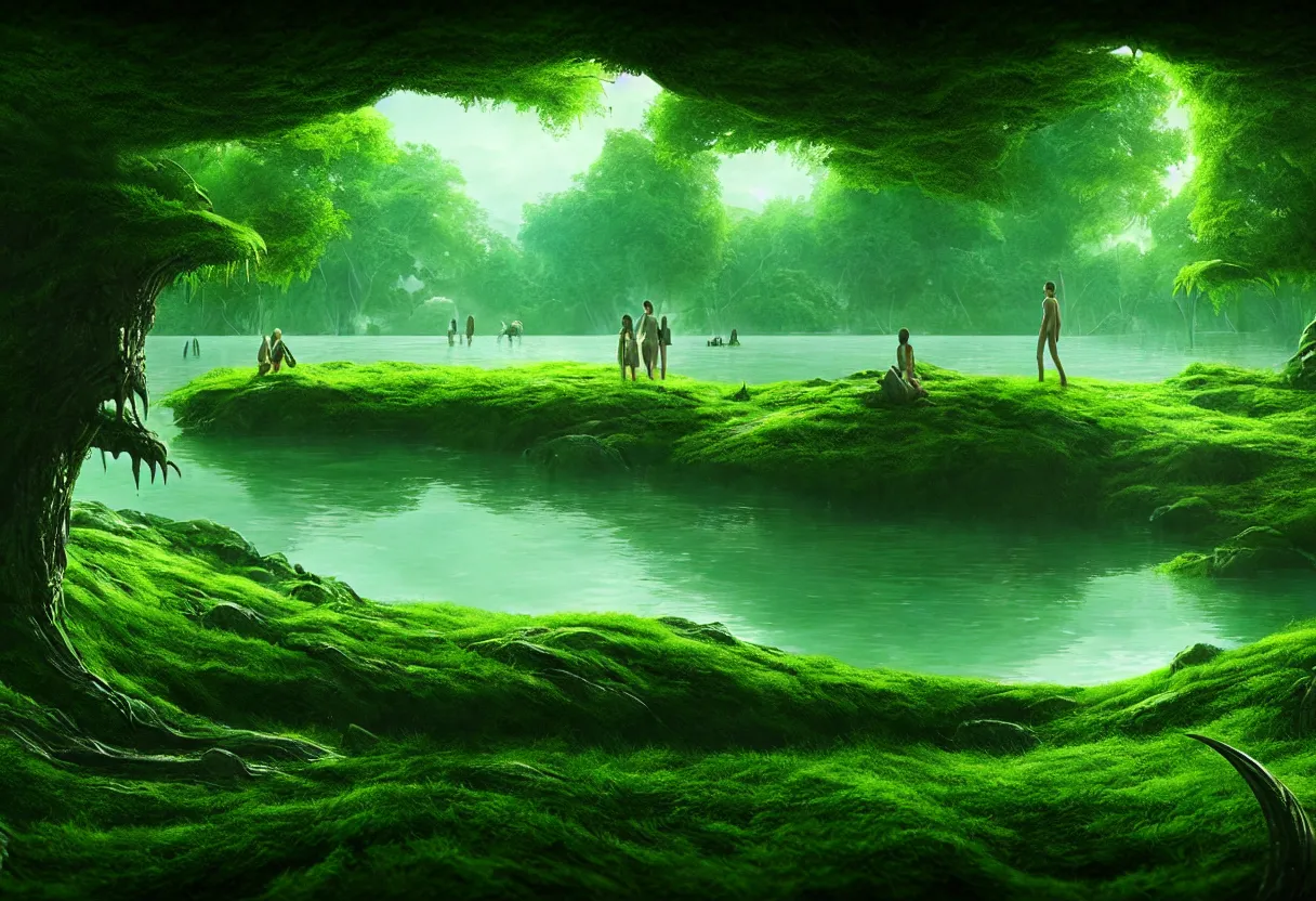 Image similar to inside of alien lake lush summer green landscape of human mind and imagination, matte painting, beautiful render, octane render, concept art