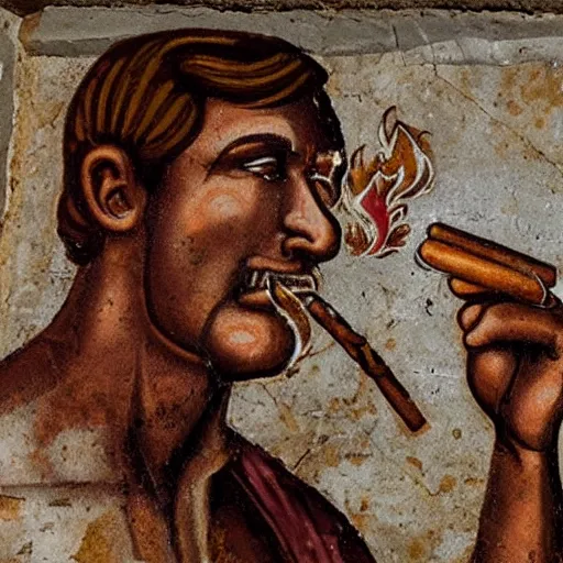 Image similar to fresco depicting Duke Nukem smoking a cigar found in a byzantine church dating back to the 12th century, intricate, highly detailed