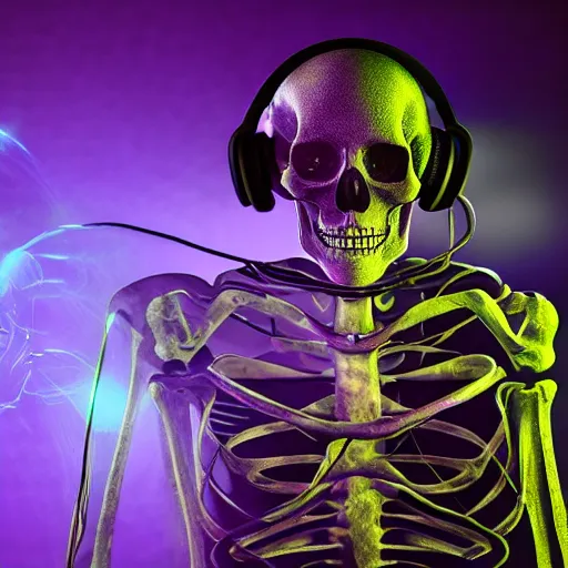 Prompt: skeleton with headphones playing synthesizers, honeycomb skull, lights, lasers, music, highly detailed, realistic, technology and magic,