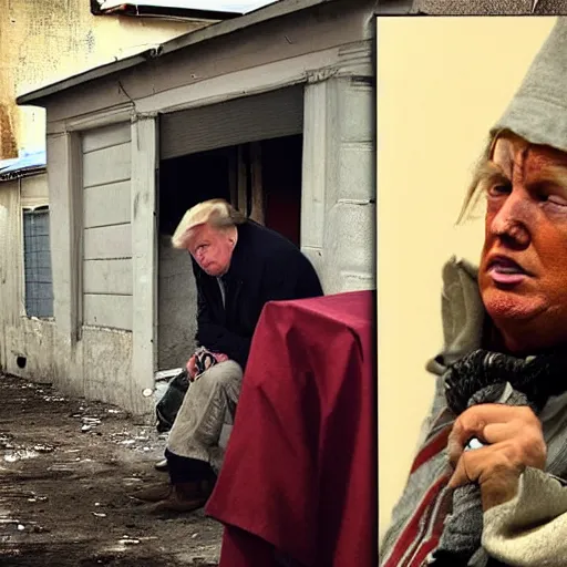 Image similar to donald trump dressed as a homeless man living in the slums