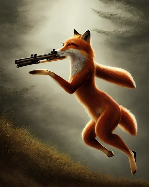 Prompt: a beautiful, dynamic illustration of an anthropomorphic fox woman shooting her winchester rifle while running. art by gauthier leblanc, kazuya takahashi, huifeng huang, trending on artstation, award - winning, perfect composition, motion blur.