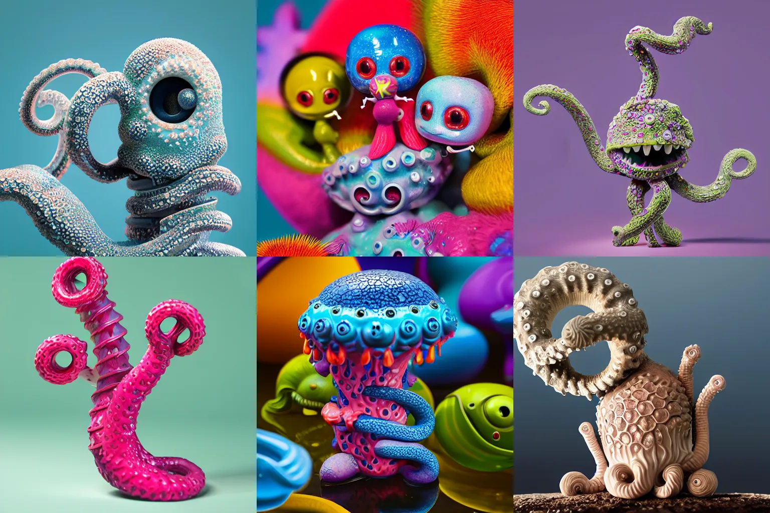 Prompt: ebay product, cute miniature resine figure, High detail photography, 8K, 3d fractals, pictoplasma, one simple ceramic tintoy tentacle monster Figure sculpture, surrounded by splashes, 3d primitives, in a Studio hollow, by pixar, by jonathan ive,, simulation