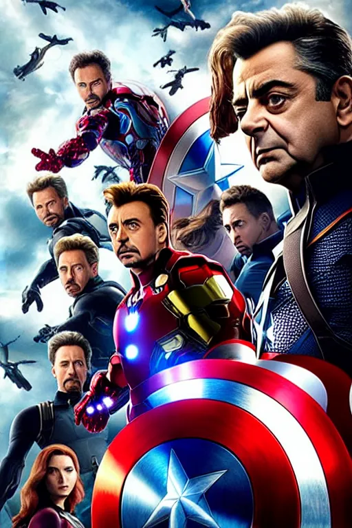 Image similar to movie poster of the avengers starring rowan atkinson, highly detailed, extremely high quality, hd, 4 k, 8 k, professional photographer, 4 0 mp, lifelike, top - rated, award winning, realistic, detailed lighting, detailed shadows, sharp, no blur, edited, corrected, trending