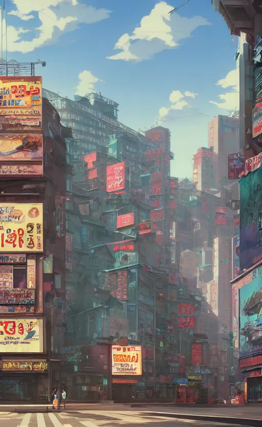 Image similar to A highly detailed matte painting of Buildings with Billboards and neonsigns by Studio Ghibli, Makoto Shinkai, by Artgerm, by WLOP, by Greg Rutkowski, volumetric lighting, octane render, 4K resolution, trending on artstation, masterpiece