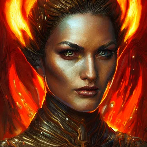 Prompt: the female flame knight, closeup portrait art by donato giancola and greg rutkowski, vintage retro, realistic face, digital art, trending on artstation, symmetry!!