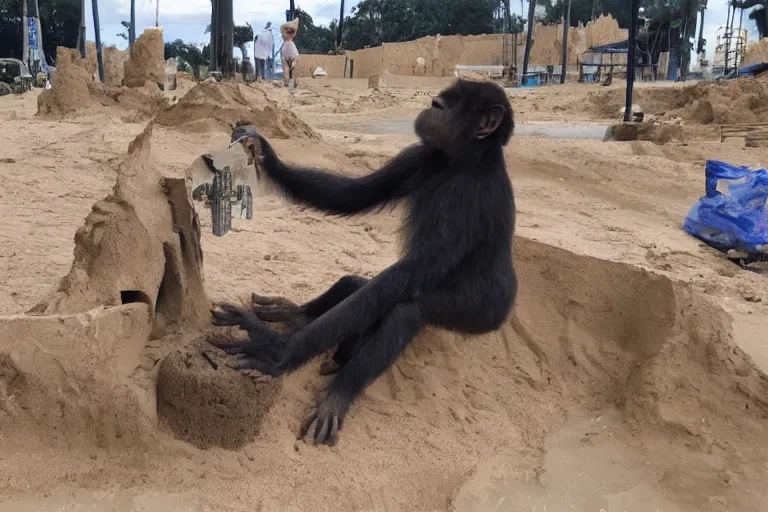 Image similar to a monkey touching a completed sand castle