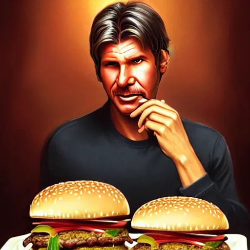 Image similar to portrait of Harrison Ford eating a giant hamburger , extra onions and ketchup, luscious patty with sesame seeds, feminine ethereal, handsome, D&D, fantasy, intricate, elegant, highly detailed, digital painting, artstation, concept art, matte, sharp focus, illustration, art by Artgerm and Greg Rutkowski and Alphonse Mucha