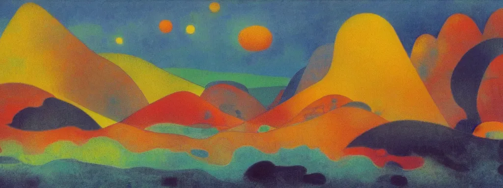 Image similar to An insane, modernist landscape painting. Wild energy patterns rippling in all directions. Curves, organic, zig-zags. Mountains, clouds. Rushing water. Waves. Psychedelic dream world. Odilon Redon. Alex Katz.