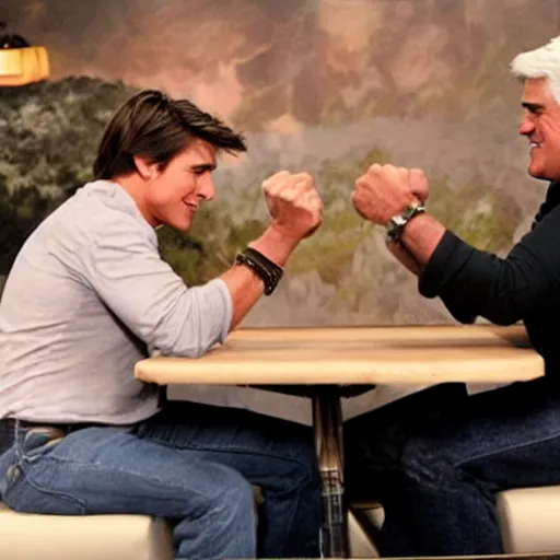 Image similar to jay leno arm wrestling tom cruise on a table, sitting across from each other