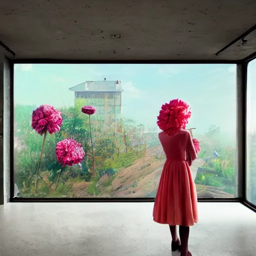 Image similar to giant carnation flower head, woman standing next to modern window in luxury loft, surreal photography, sunlight, impressionist painting, digital painting, artstation, simon stalenhag