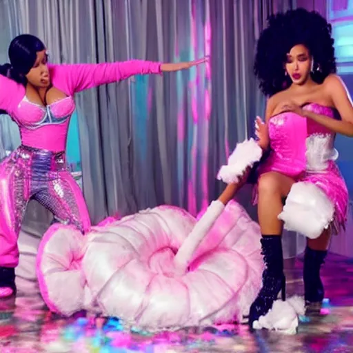 Image similar to cardi b and nicki minaj have a pillow fight, ultra realistic, beautiful, 8 k resolution