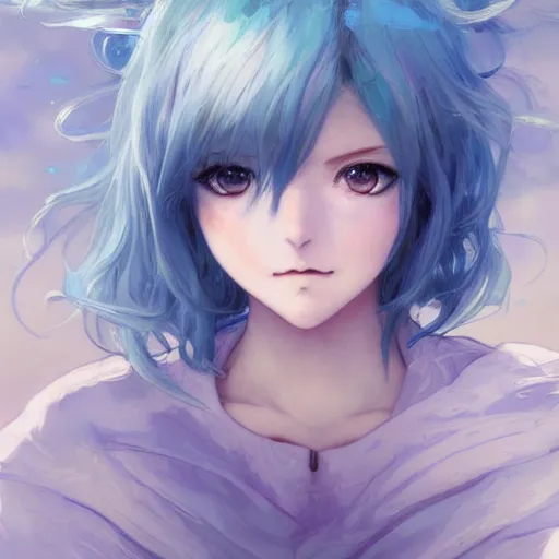 Image similar to a girl with short light blue hair and blue eyes is sitting on a cloud, anime style, light effect, anime style hyper detailed, illustration, bloody, intricate, elegant, digital painting, artstation, smooth, sharp focus, art by artgerm and greg rutkowski and alphonse mucha.