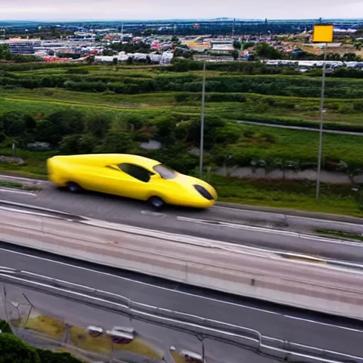 Prompt: banana-shaped car driving on busy highway, drone photograph