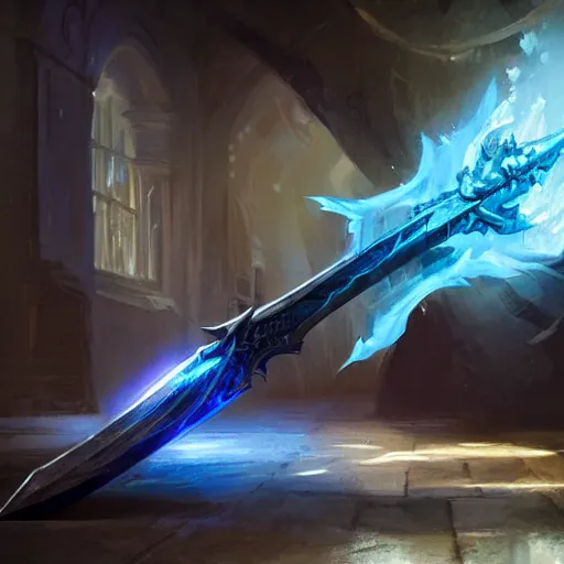 Image similar to showcase of a fantasy greatsword glowing with blue magical power, art by greg rutkowski